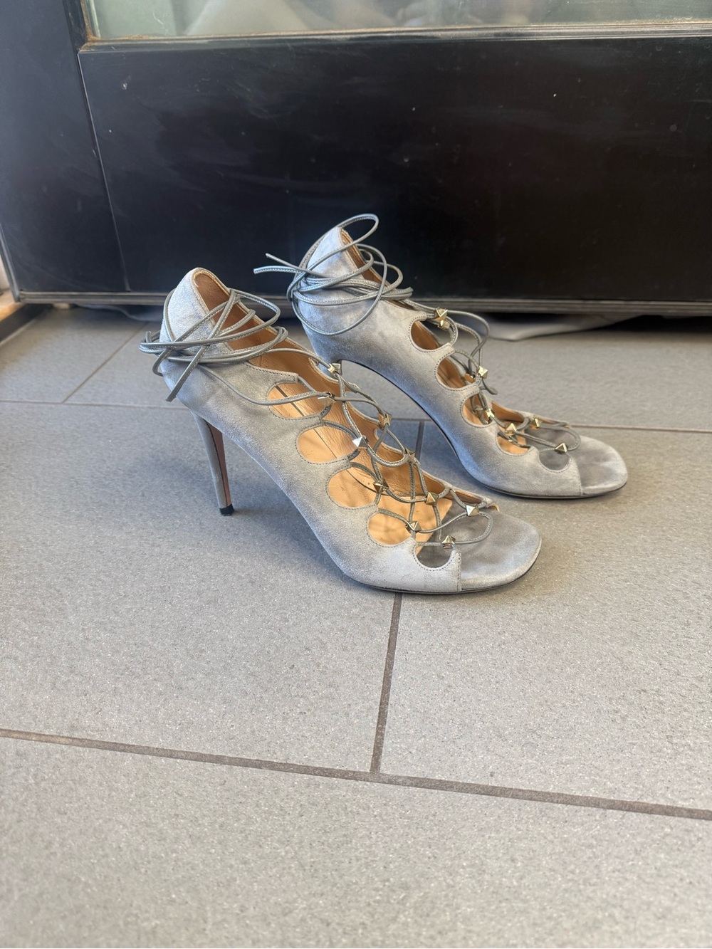 Valentino Garavani Rockstud Suede Lace-Up Stiletto Heels Gray EU 37.5 US 7.5